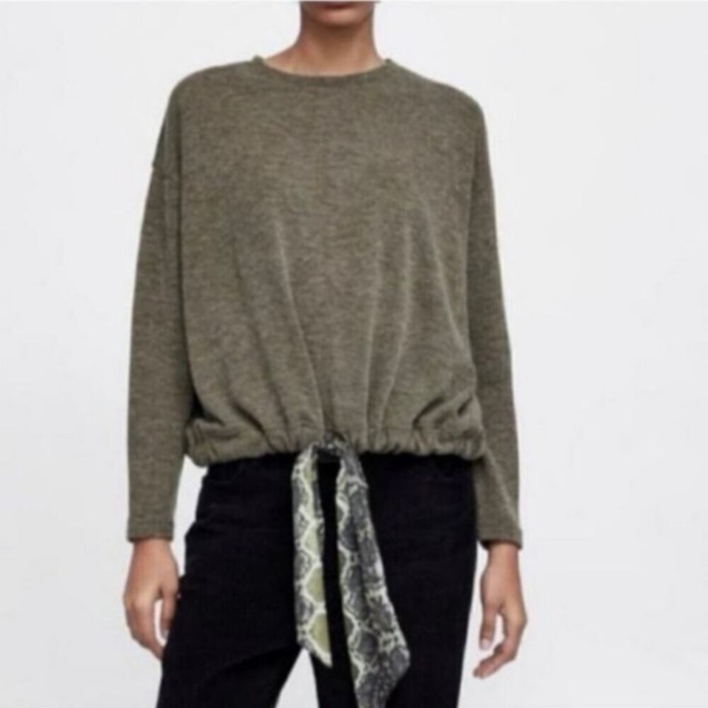 ZARA Basic Olive Green Tie Hem Sweater Snake Print Scarf Detail Size Medium
